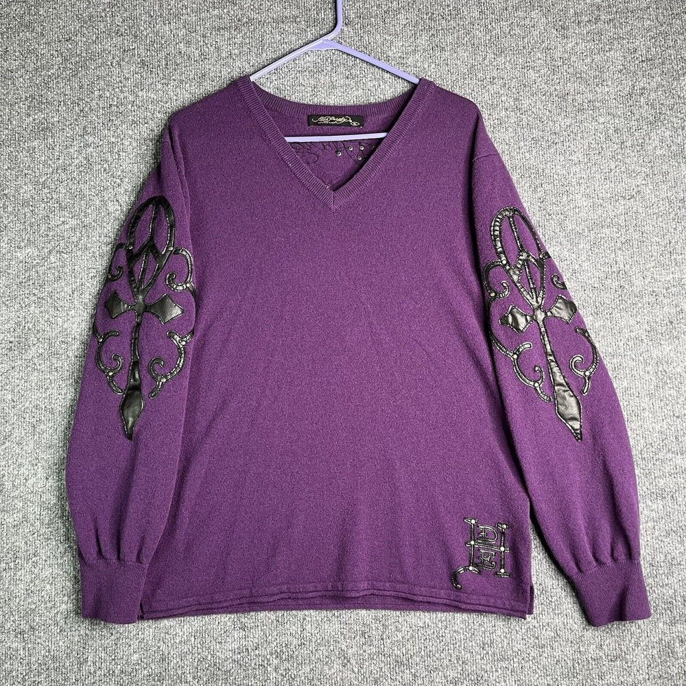 Vintage Ed Hardy Christian Audigier Top Women XL Wool Cashmere Love‎ Kills Slow - Picture 2 of 7
